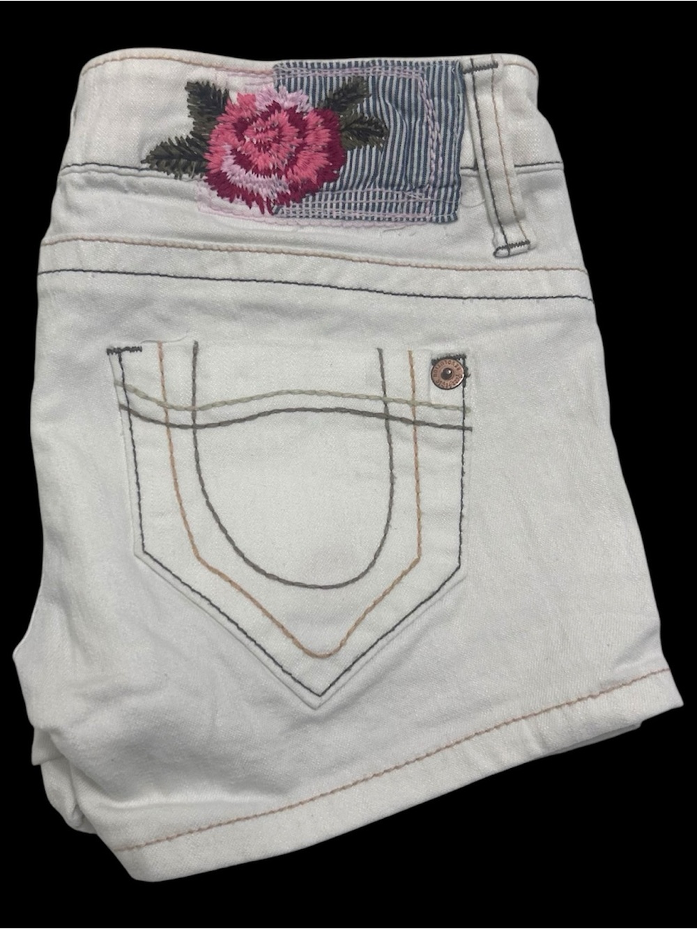 Y2K Freestyle Revolution White Denim Jean Mini Shorts Rose Embroidered Juniors 1